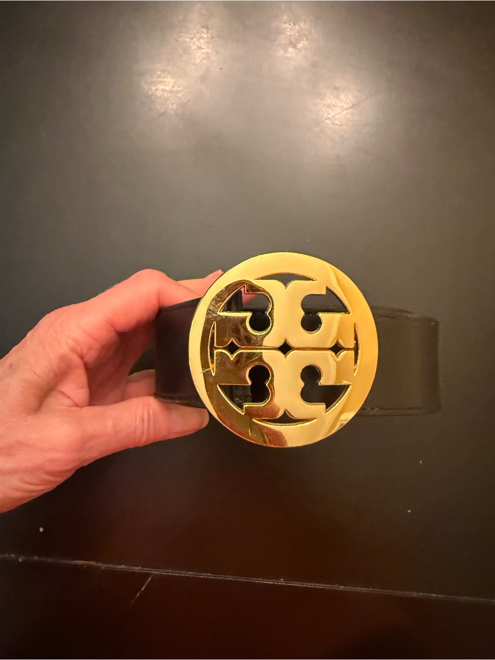Tory Burch Leather Belt with Gold Round Logo Buckle